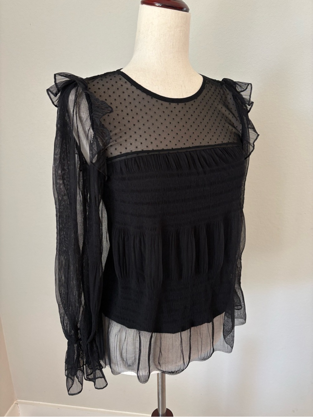 Maje Black Sheer Dot Long Sleeve Overlay Girls Date Night Top Ruffle Small